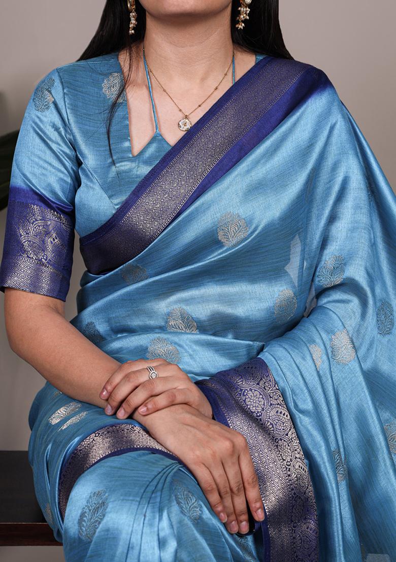 Sky Blue Printed Silk Saree Set - Indya