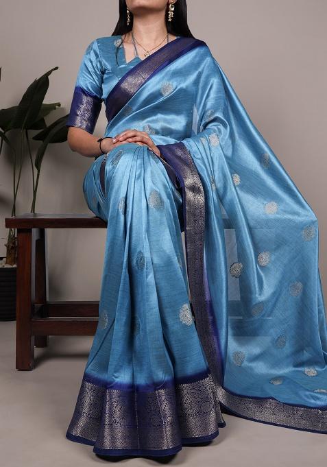 Sky Blue Printed Silk Saree Set