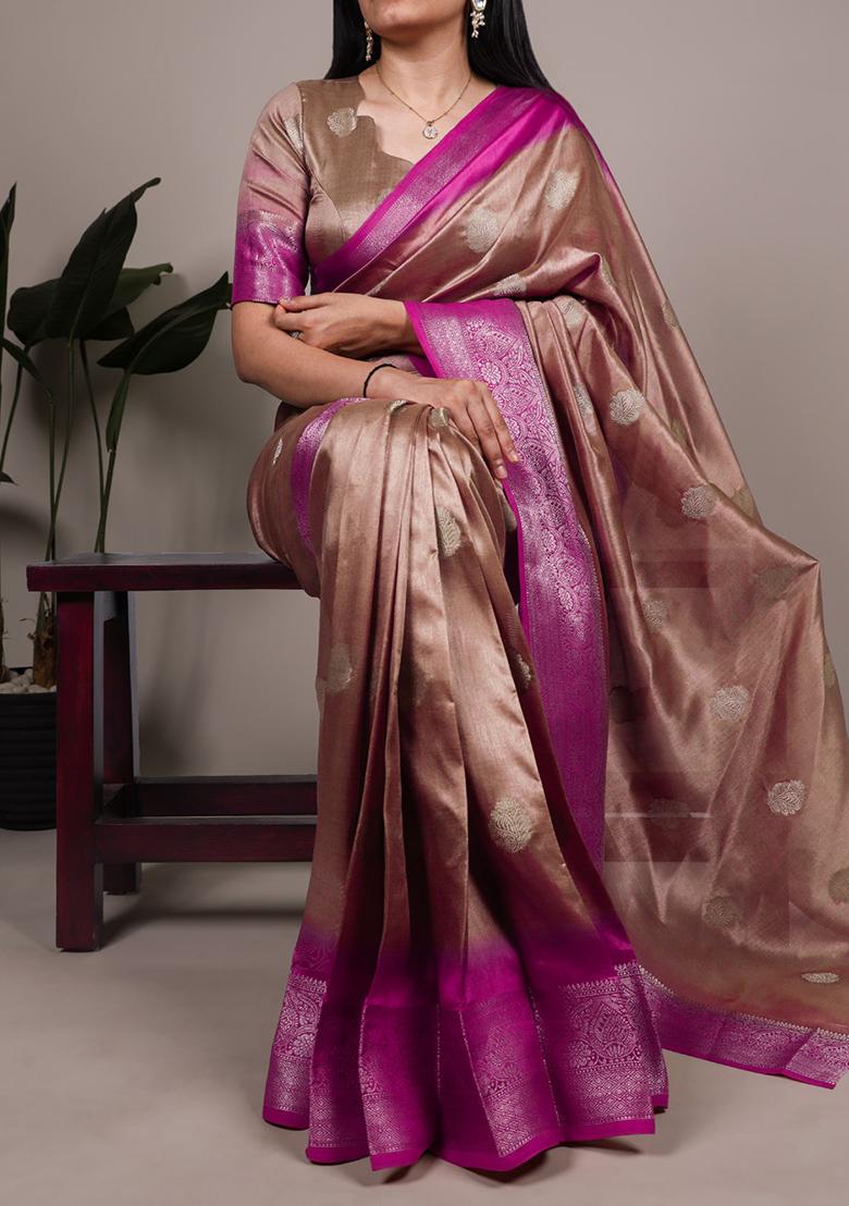 Brown Printed Silk Saree Set - Indya