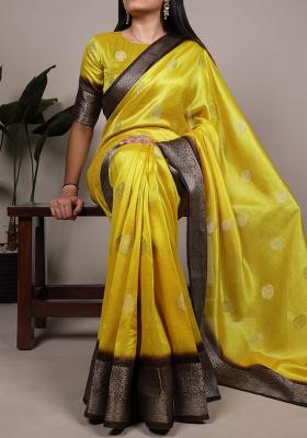 Bright Yellow Printed Silk Saree Set
