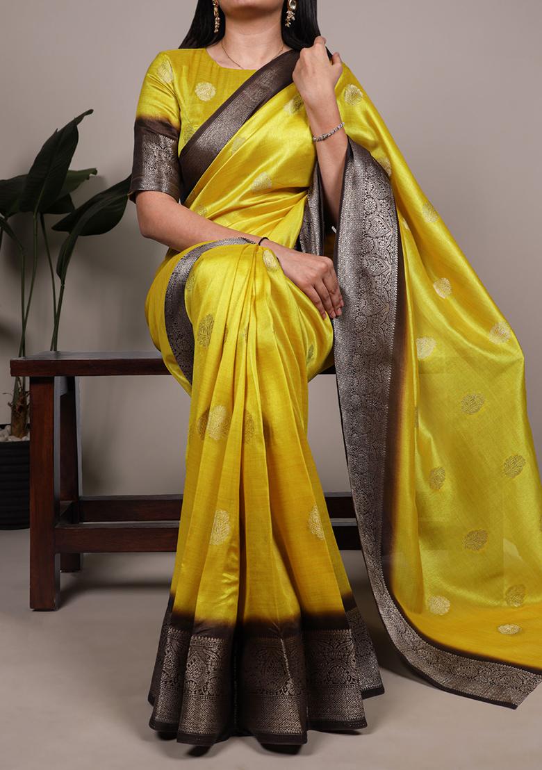 Bright Yellow Printed Silk Saree Set - Indya