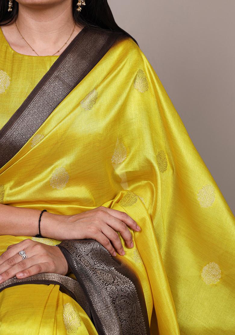 Bright Yellow Printed Silk Saree Set - Indya