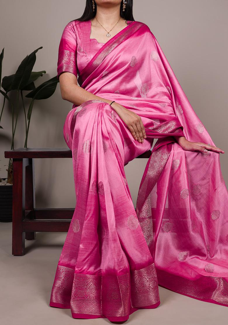 Pink Printed Silk Saree Set - Indya