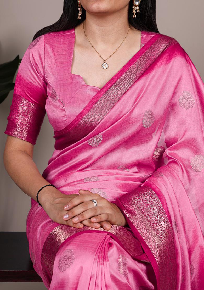 Pink Printed Silk Saree Set - Indya