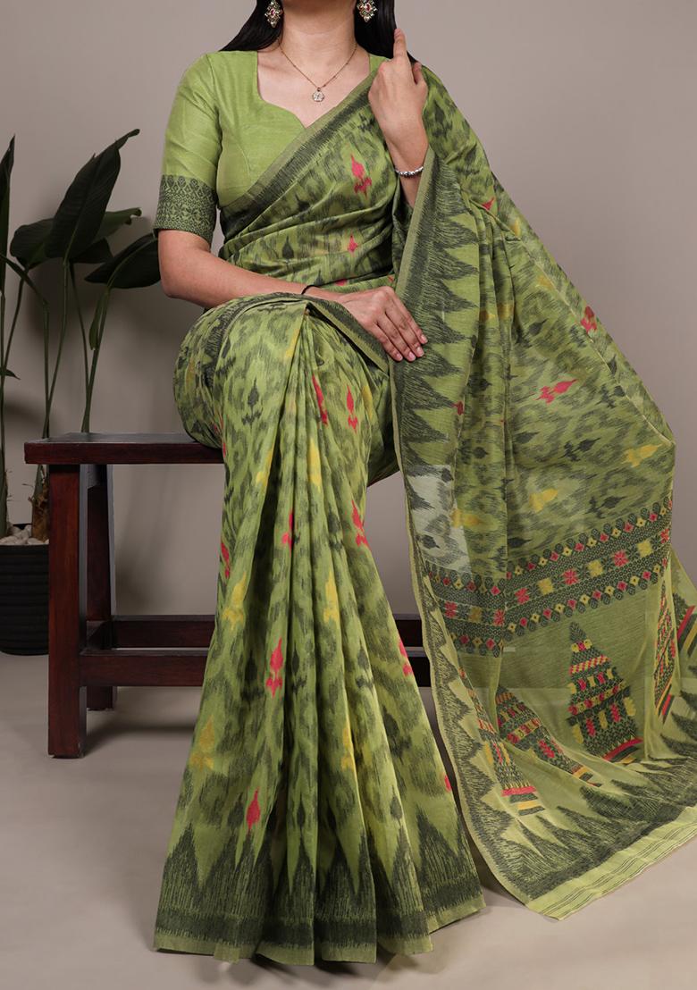 Mehendi Printed Cotton Saree Set - Indya