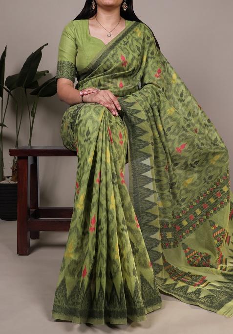Mehendi Printed Cotton Saree Set