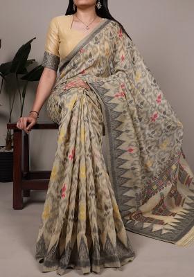 Cream Printed Cotton Saree Set