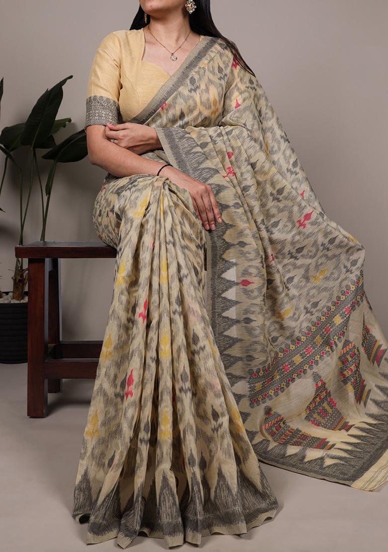 Cream Printed Cotton Saree Set - Indya
