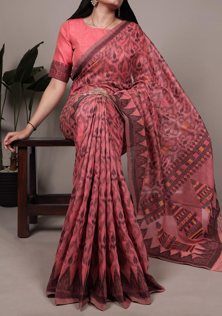Salmon Printed Cotton Saree Set - Indya