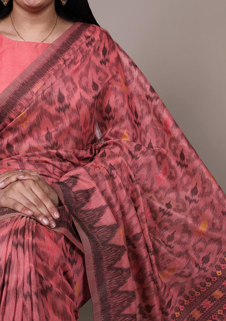 Salmon Printed Cotton Saree Set - Indya