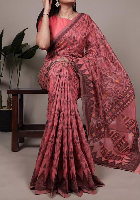 Salmon Printed Cotton Saree Set