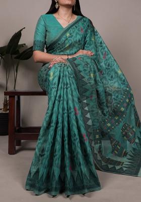 Teal Printed Cotton Saree Set