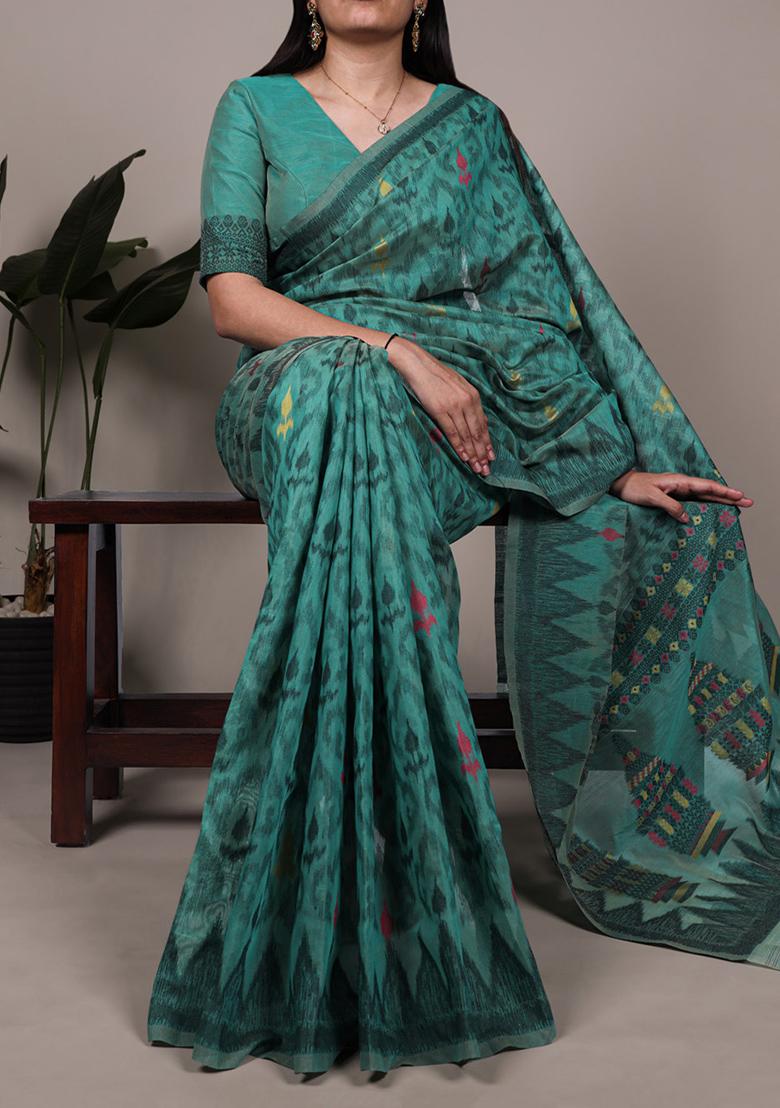 Teal Printed Cotton Saree Set - Indya