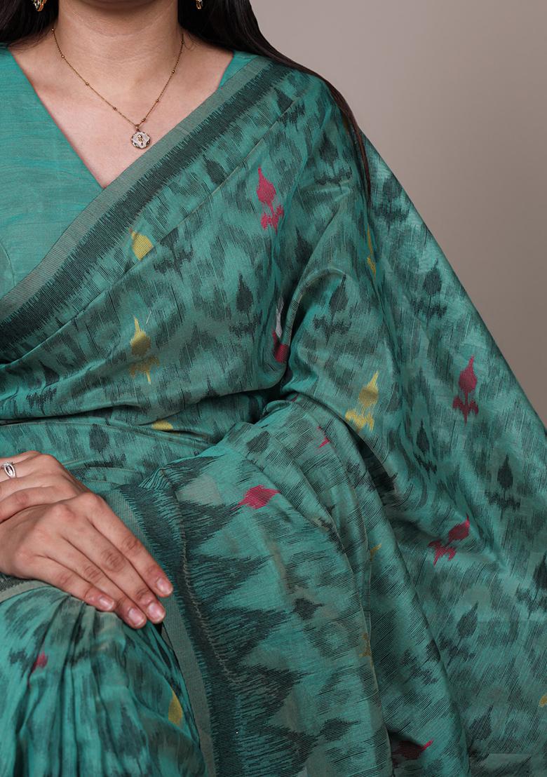 Teal Printed Cotton Saree Set - Indya