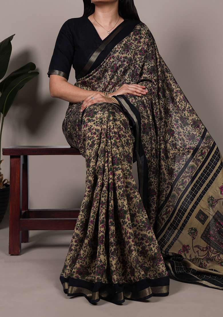 Black Cotton Saree Set with Printed for Diwali | Wedding & Festive Wear - Indya