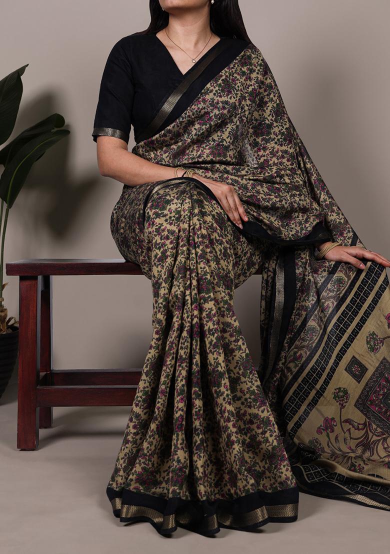 Black Printed Cotton Saree Set - Indya