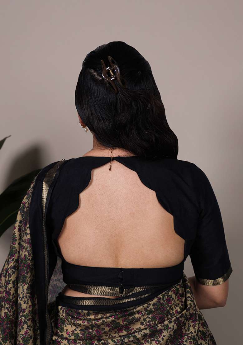 Black Cotton Saree Set with Printed for Diwali | Wedding & Festive Wear - Indya