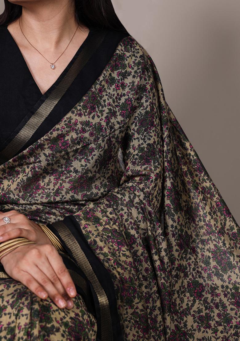 Black Printed Cotton Saree Set - Indya