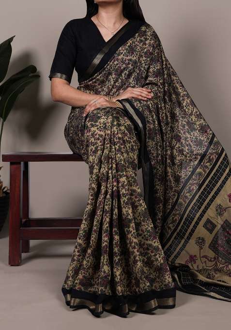 Black Cotton Saree Set with Printed for Diwali | Wedding & Festive Wear