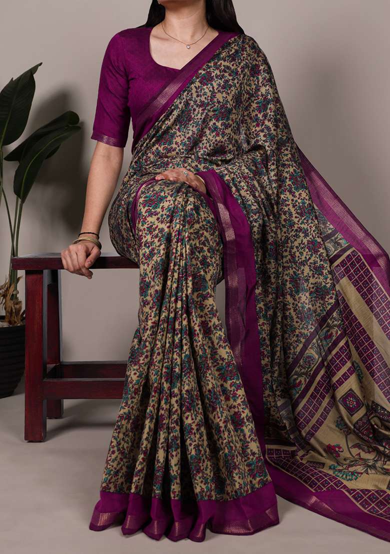 Wine Cotton Saree Set with Printed for Diwali | Wedding & Festive Wear - Indya