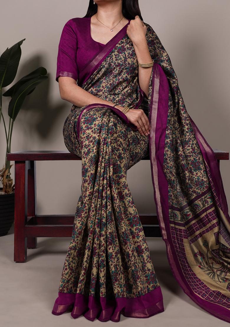 Wine Printed Cotton Saree Set - Indya