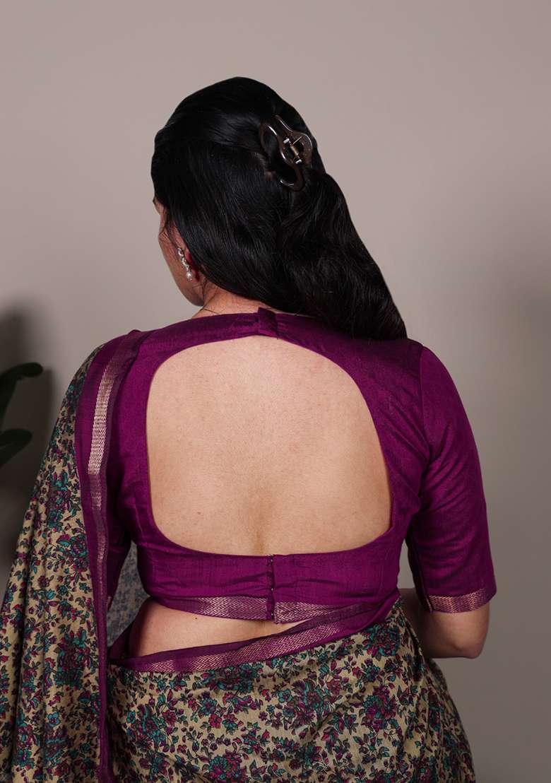 Wine Cotton Saree Set with Printed for Diwali | Wedding & Festive Wear - Indya