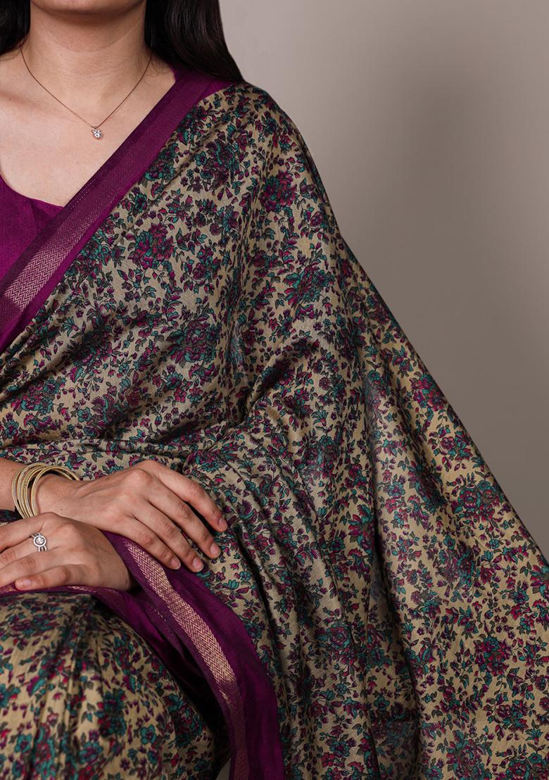 Wine Printed Cotton Saree Set - Indya