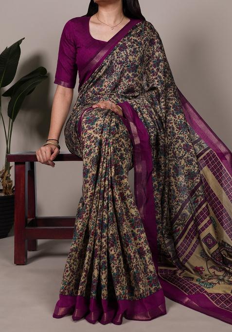 Wine Printed Cotton Saree Set