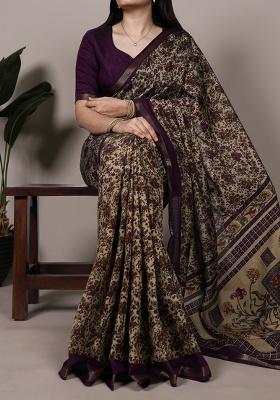 Dark Purple Printed Cotton Saree Set