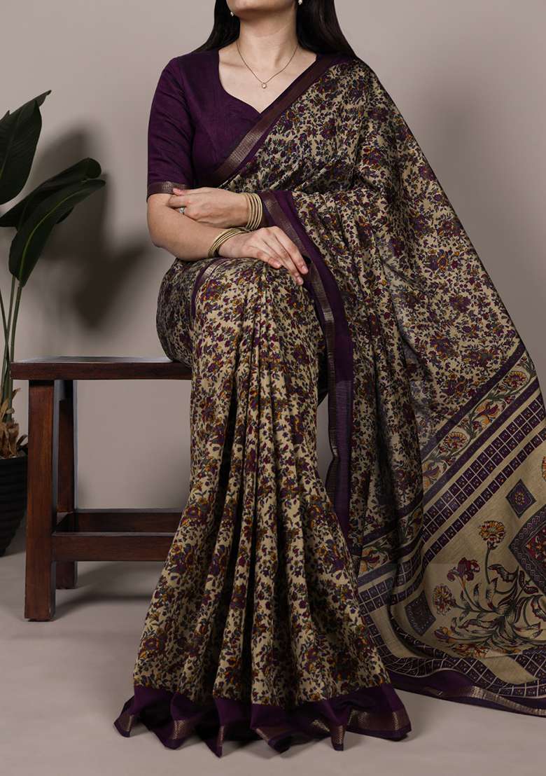 Dark Purple Cotton Saree Set with Printed for Diwali | Wedding & Festive Wear - Indya
