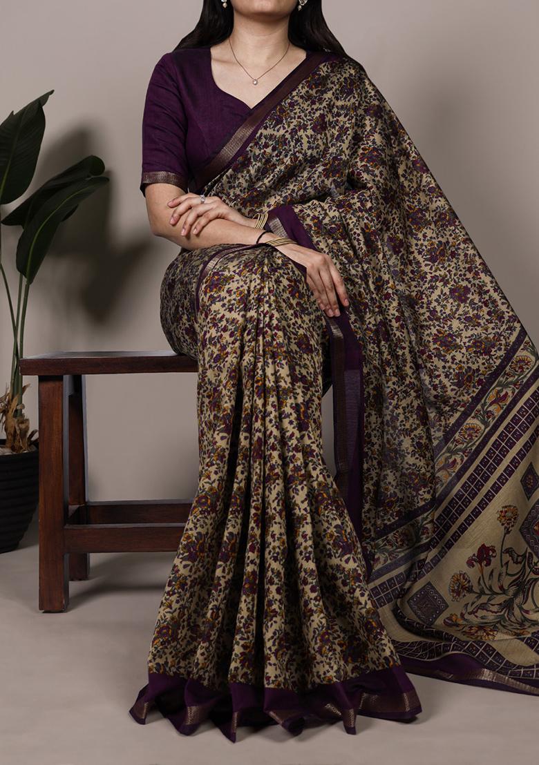 Dark Purple Printed Cotton Saree Set - Indya