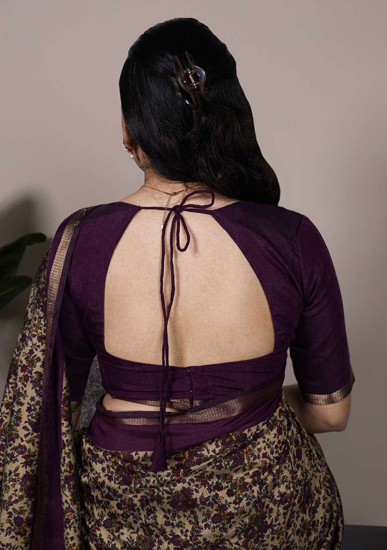 Dark Purple Cotton Saree Set with Printed for Diwali | Wedding & Festive Wear - Indya