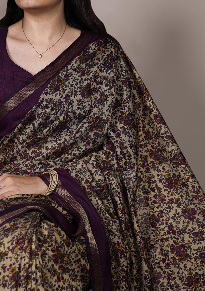 Dark Purple Printed Cotton Saree Set - Indya