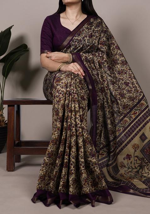 Dark Purple Printed Cotton Saree Set