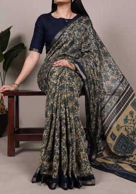 Navy Blue Printed Cotton Saree Set
