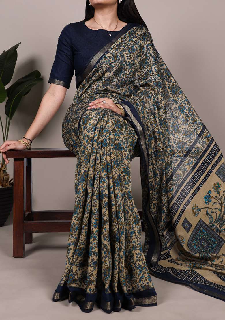 Navy Blue Printed Cotton Saree Set - Indya