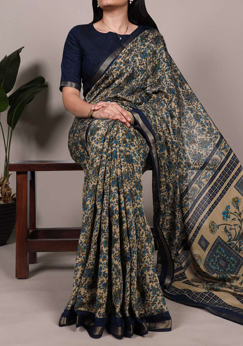 Navy Blue Printed Cotton Saree Set - Indya