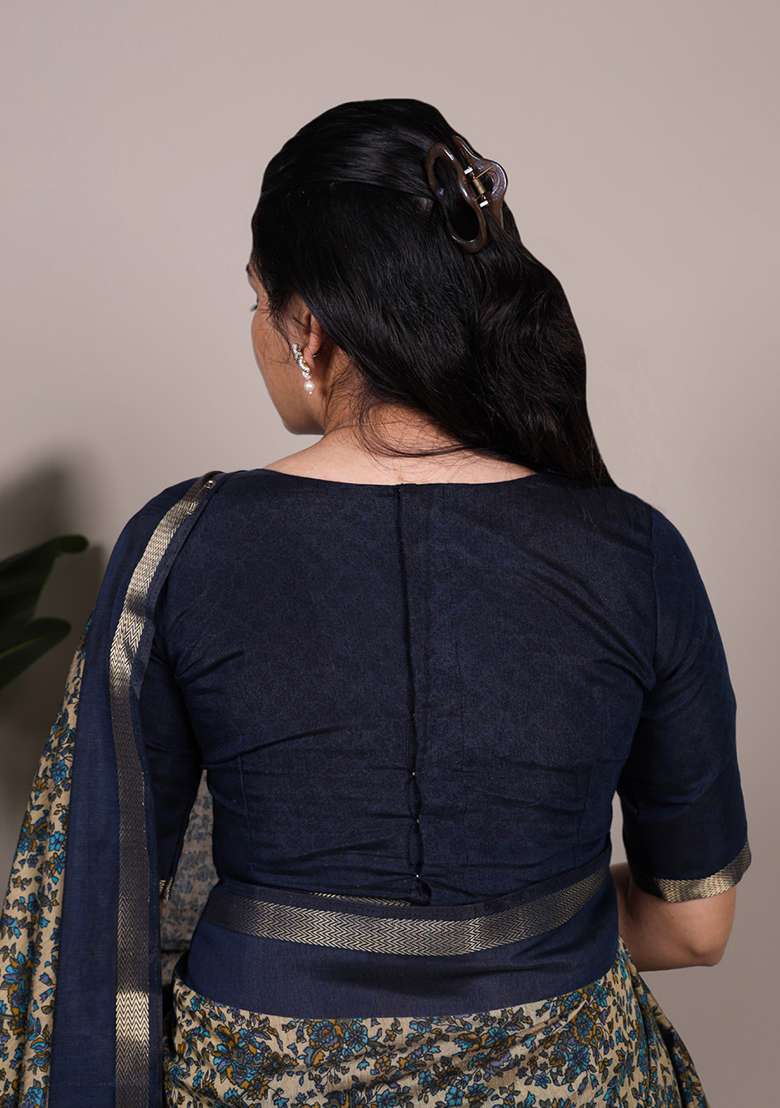 Navy Blue Printed Cotton Saree Set - Indya