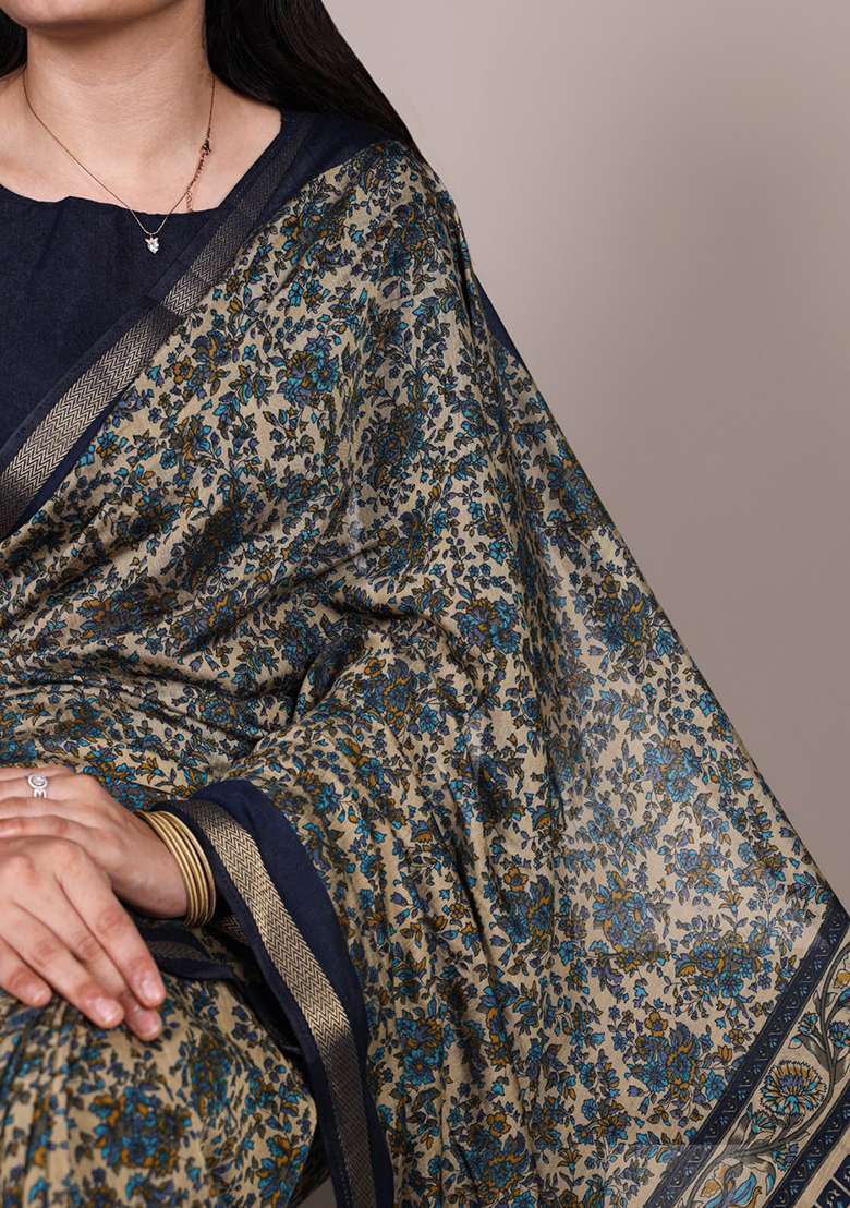 Navy Blue Printed Cotton Saree Set - Indya