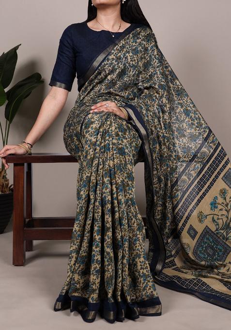 Navy Blue Printed Cotton Saree Set
