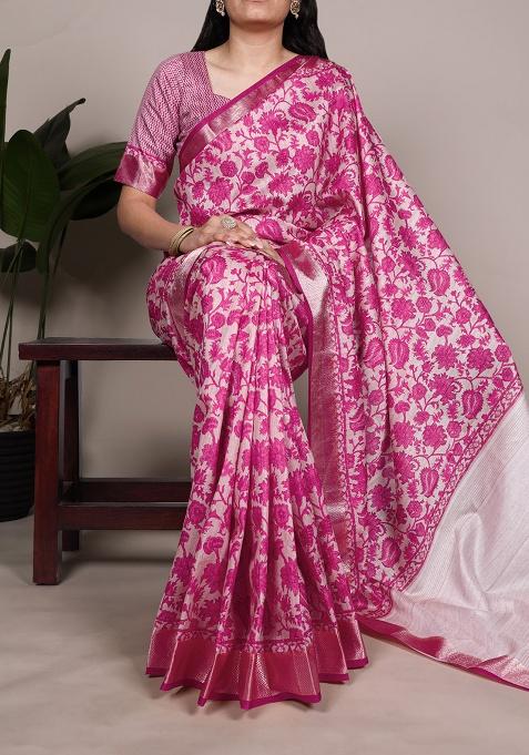 Pink Printed Silk Saree Set
