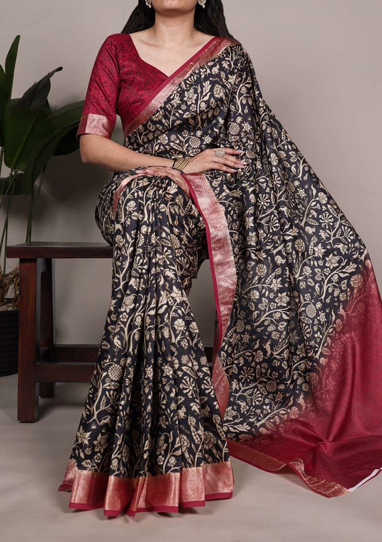 Black Printed Silk Blend Saree Set - Indya