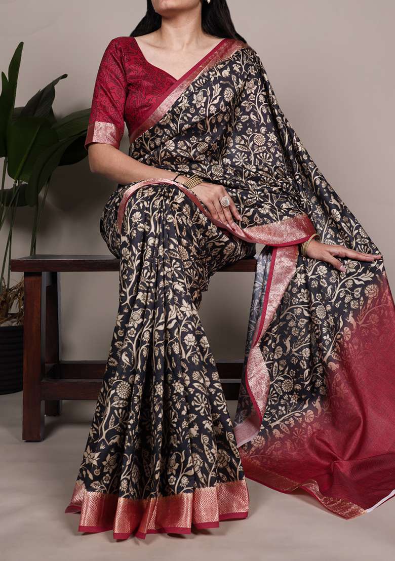 Black Printed Silk Blend Saree Set - Indya