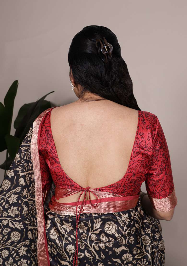 Black Printed Silk Blend Saree Set - Indya