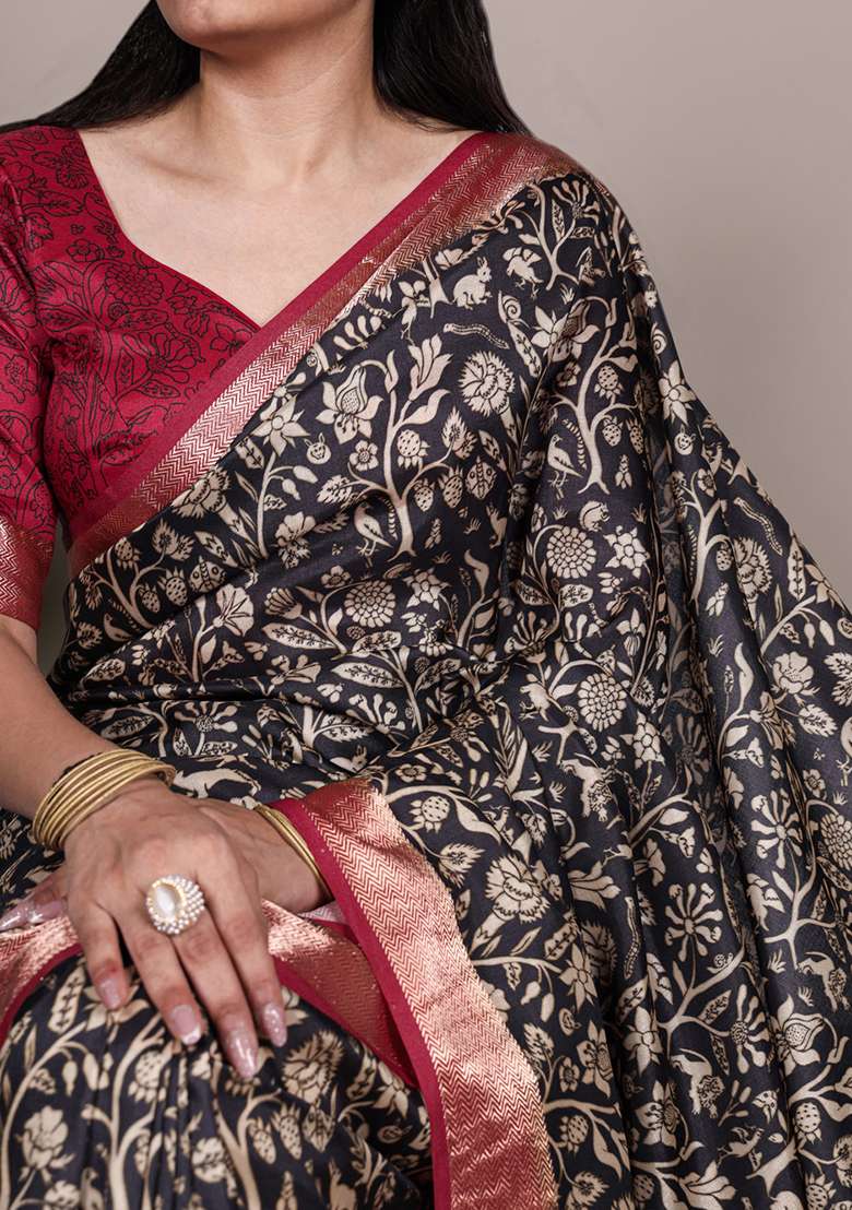 Black Printed Silk Blend Saree Set - Indya