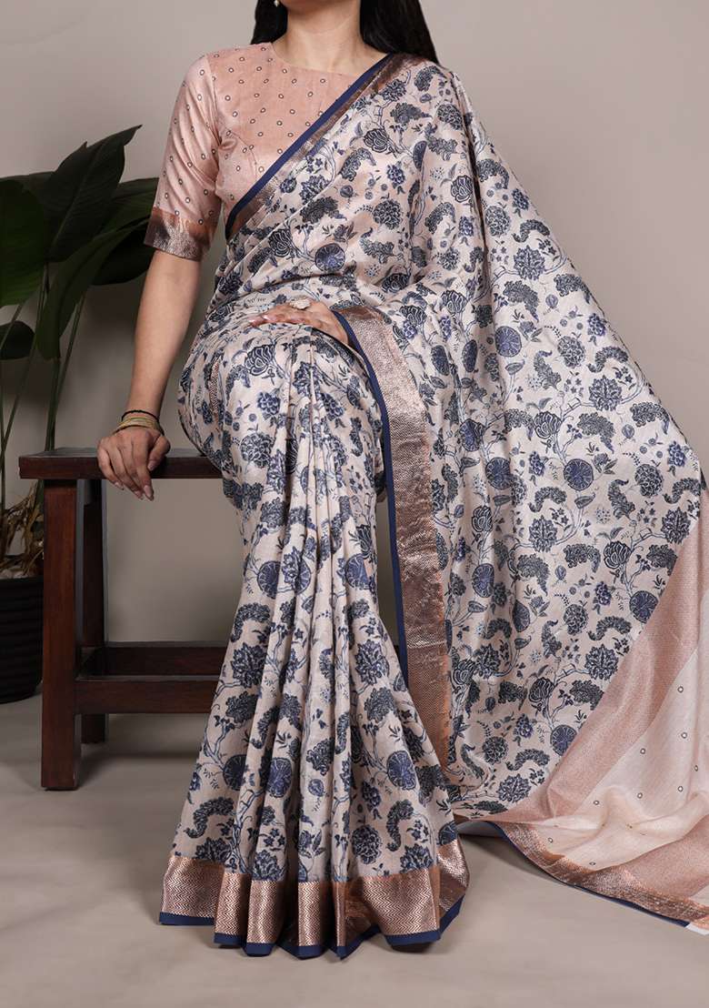 Off White Printed Silk Blend Saree Set - Indya