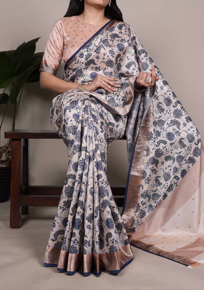 Off White Printed Silk Blend Saree Set - Indya