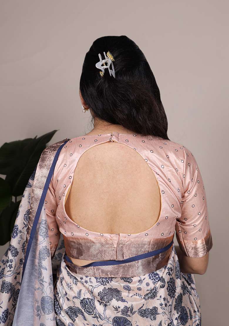 Off White Printed Silk Blend Saree Set - Indya