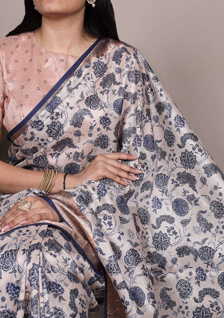 Off White Printed Silk Blend Saree Set - Indya
