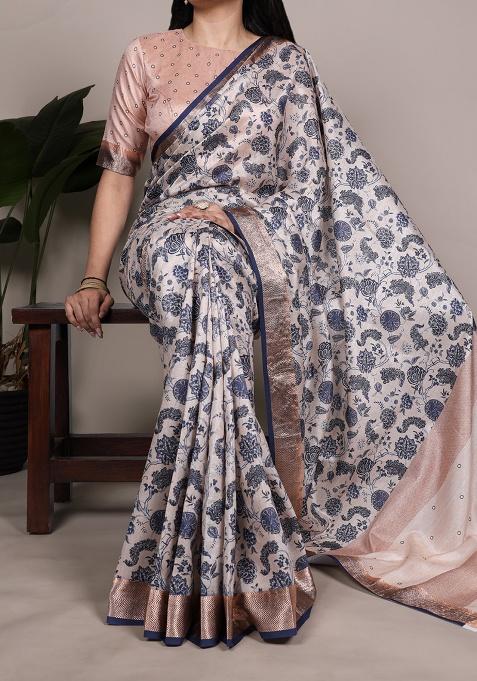 Off White Printed Silk Saree Set